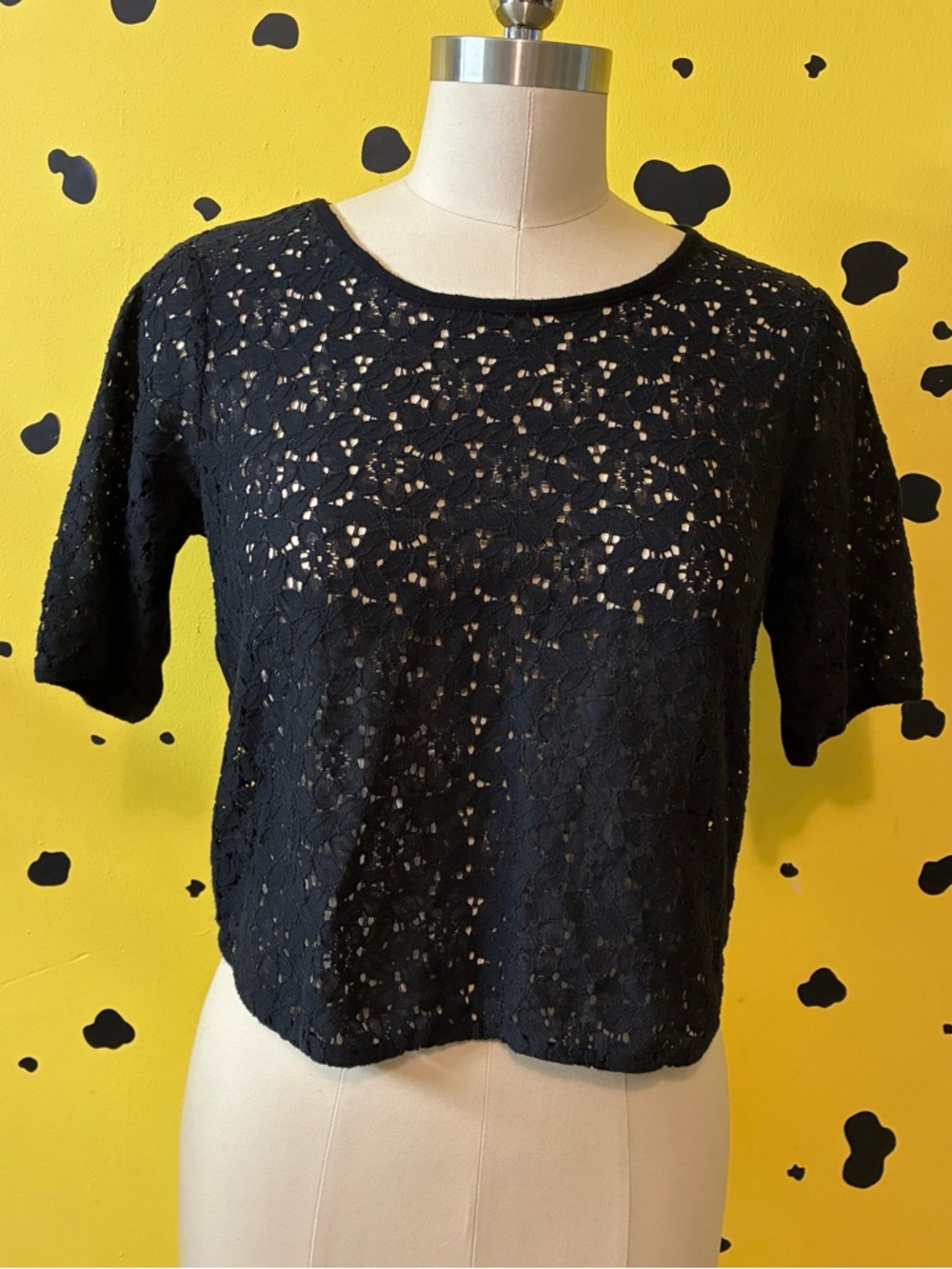 Black Lace Crop Top L Sheer Floral Short Sleeve Romantic Goth Boatneck Top